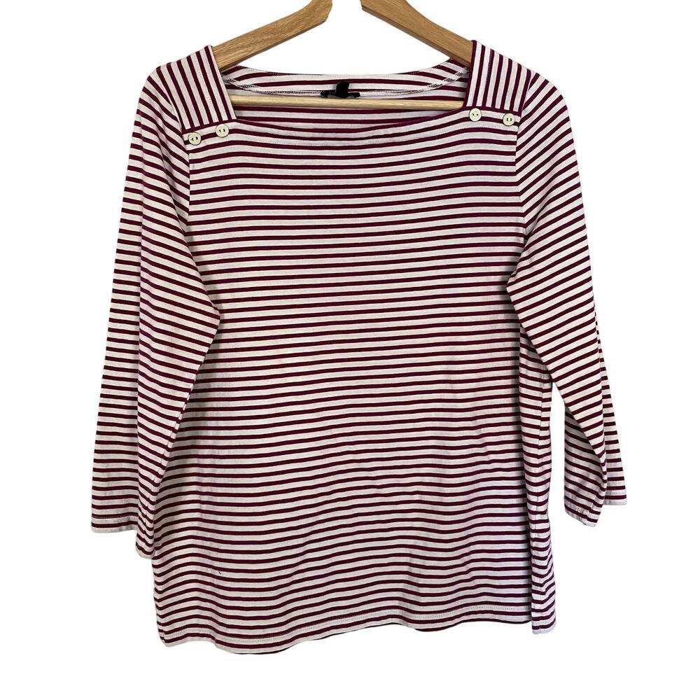 Talbots magenta white striped square neckline long sleeved shirt womens M cotton